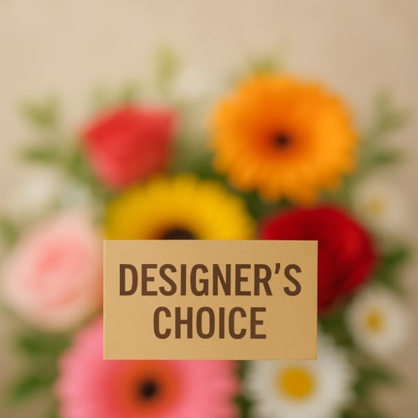 Designer’s choice bouquet with colorful gerbera daisies and a card