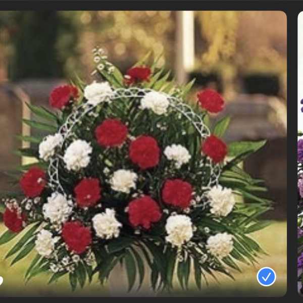 Round arrangement of red and white carnations with a decorative wire frame