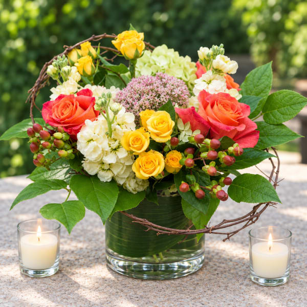 Mixed bouquet of roses and hydrangeas in a glass vase with candles nearby