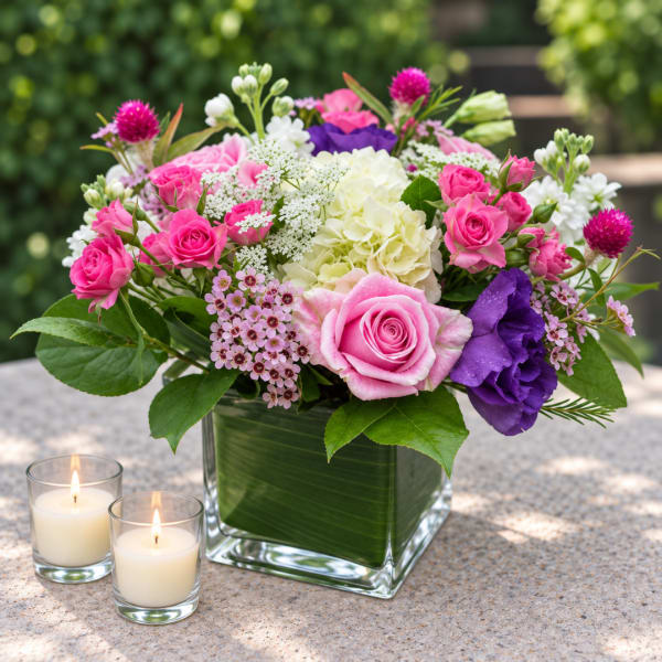 Pink and purple mixed bouquet in a square glass vase with two candles nearby