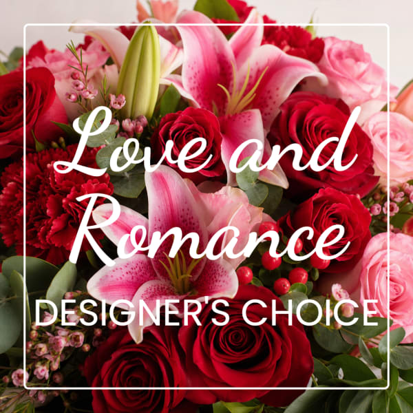 Red roses and pink lilies arranged with greenery and text overlay