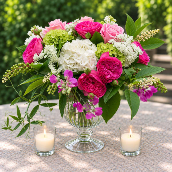 Pink and white rose arrangement in a glass vase with candles