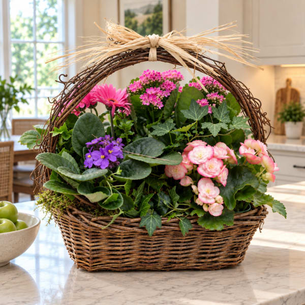Mixed flowering plant basket in a wicker handle basket with pink and purple blooms