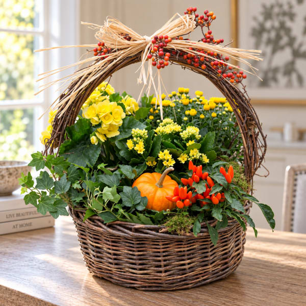 Fall basket arrangement with yellow flowers, a pumpkin, and orange berries
