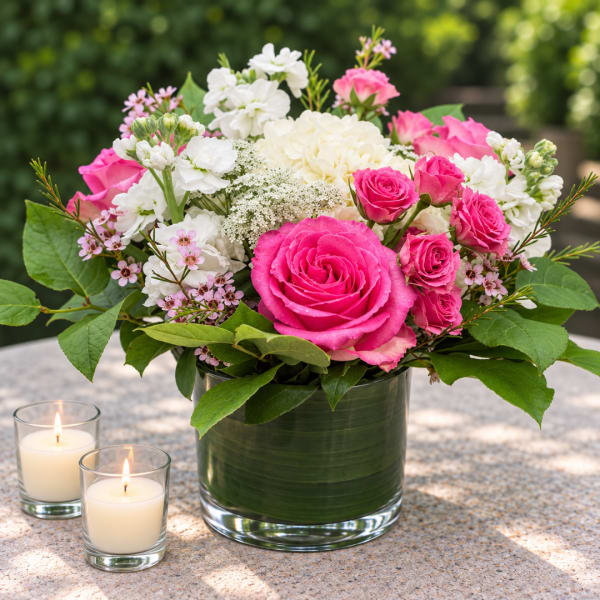 Pink and white rose bouquet in a glass vase with two candles nearby