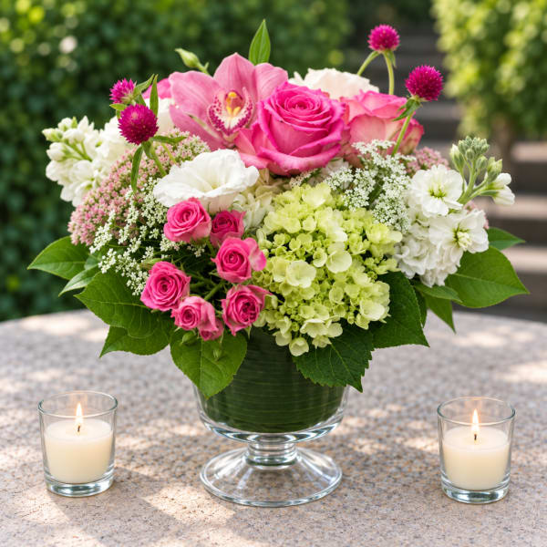 Pink and white floral arrangement in a glass vase with two candles nearby