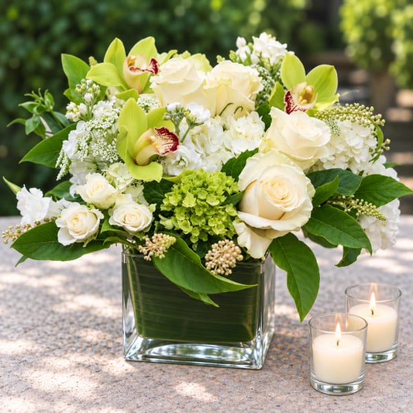 White roses and green orchids in a square glass vase with candles nearby