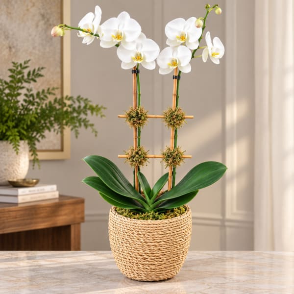 White orchid plant in a woven basket pot with bamboo stakes
