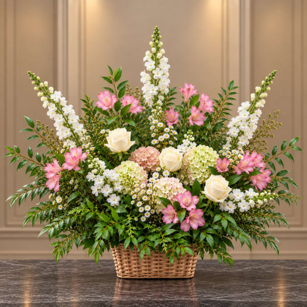 Pink and white mixed flower arrangement in a wicker basket