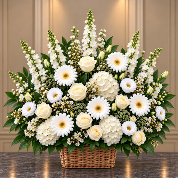 White floral arrangement in a wicker basket with roses and daisies