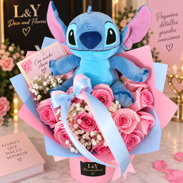Blue Stitch plush toy in a bouquet of pink roses with ribbon
