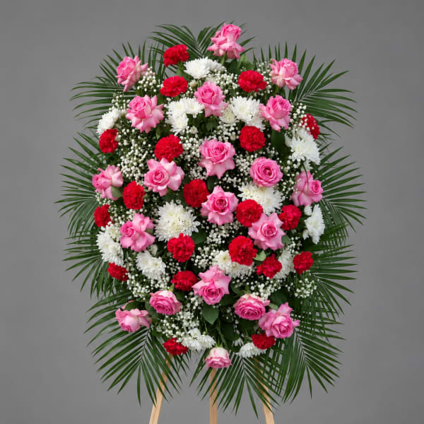 Standing floral wreath with pink roses, red carnations, and white chrysanthemums