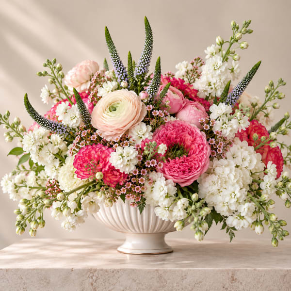 Pink and white mixed flower arrangement in a white pedestal vase