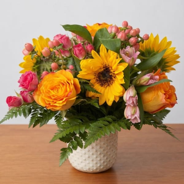Bouquet of yellow sunflowers and pink-orange roses in a white textured vase