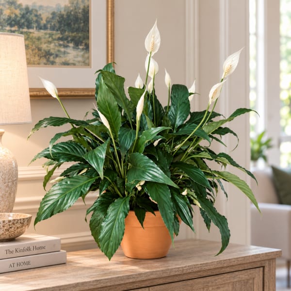 Potted peace lily with white blooms on a table in a terracotta pot