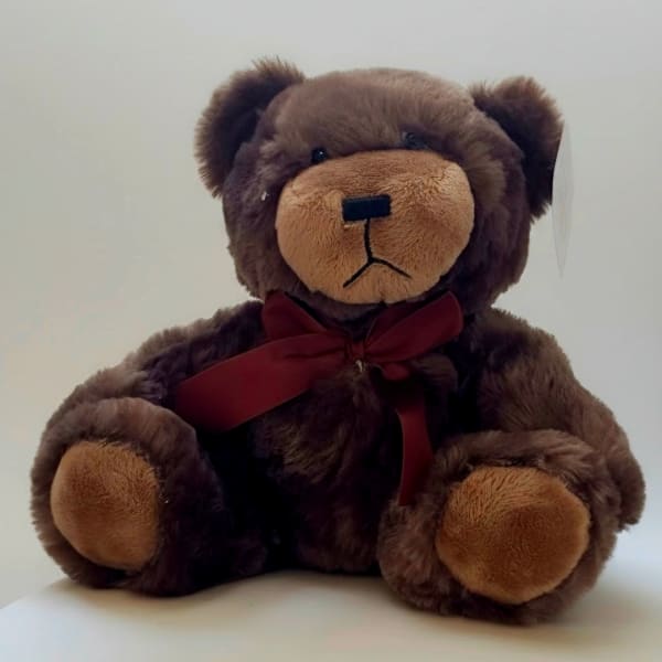 Brown teddy bear with a burgundy ribbon