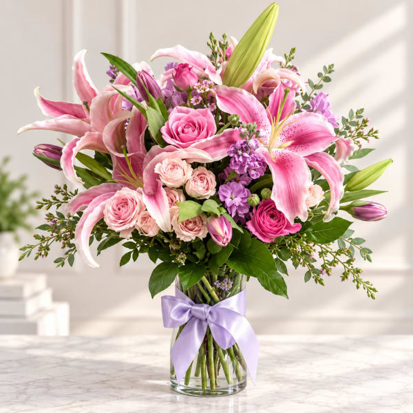 Pink lilies and roses arranged in a glass vase with a lavender ribbon