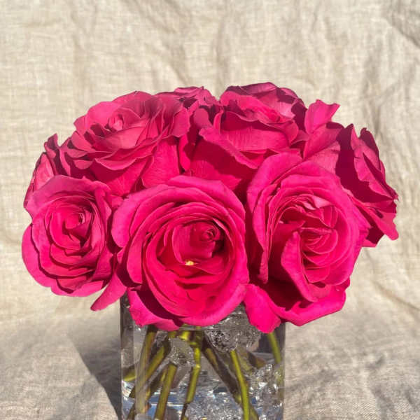 Hot pink roses arranged in a clear glass vase