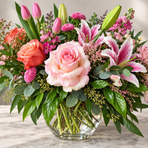 Pink roses and lilies arranged in a clear glass vase