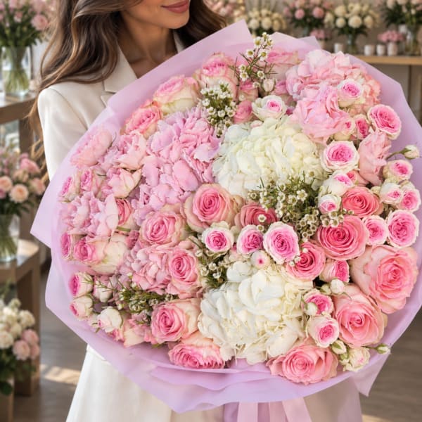 Woman holding a large bouquet of pink and white flowers wrapped in lavender paper