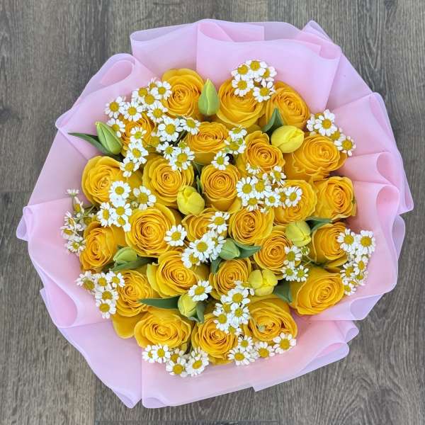 Yellow Rose ,tulip, and chamomile Bouquet