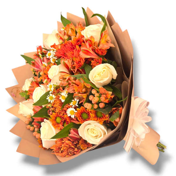 Bouquet of orange and cream flowers wrapped in brown paper with a ribbon