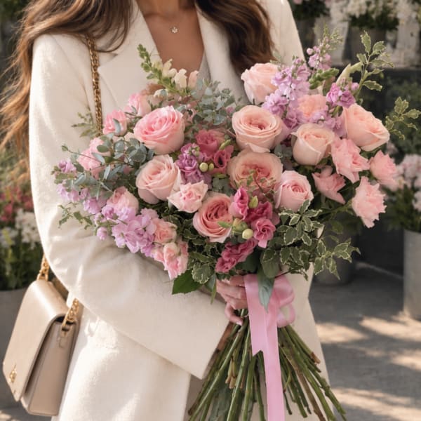 Woman holding a pink and lavender bouquet of roses and lilac flowers