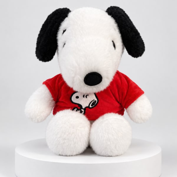 Plush Snoopy toy in a red shirt sitting on a white pedestal