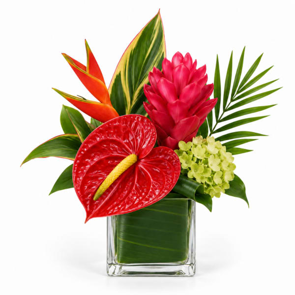 Tropical arrangement with red anthurium, pink ginger, and green hydrangea in a glass vase