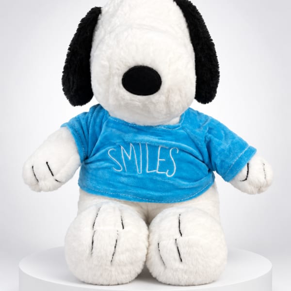 Plush Snoopy stuffed animal wearing a blue shirt with the word "SMILES"