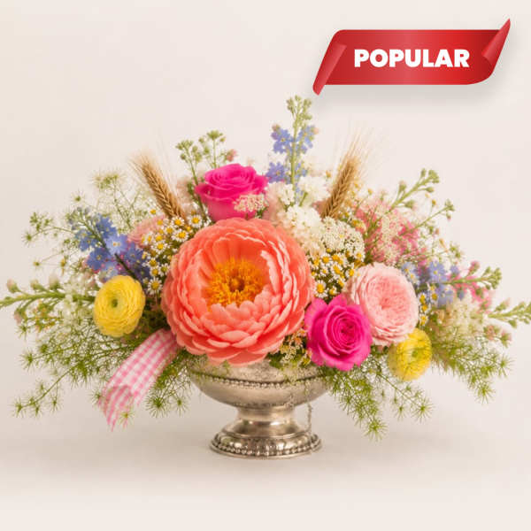 Colorful mixed flower arrangement in a silver pedestal bowl