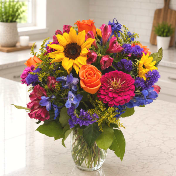 Colorful mixed bouquet with sunflowers, roses, and a clear glass vase