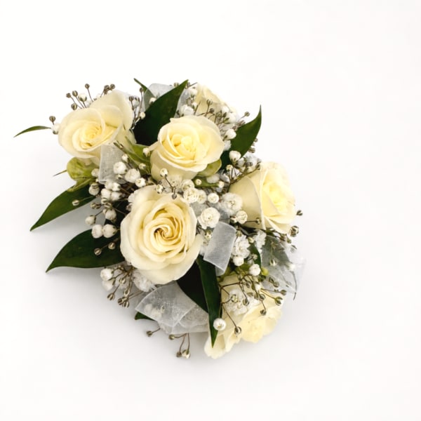 Cream rose bouquet with baby's breath and ribbon accents