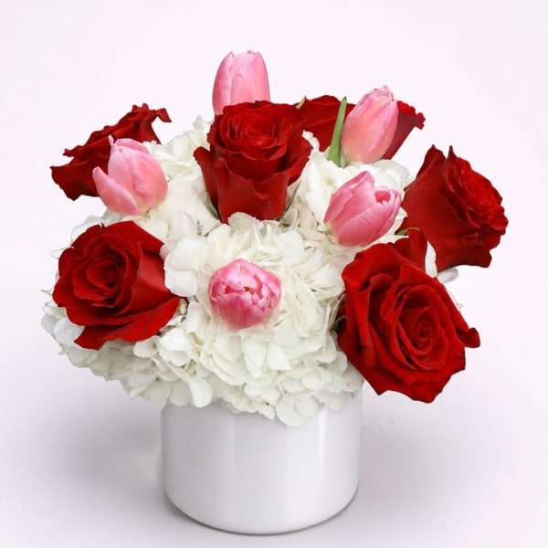Red roses and pink tulips in a white vase with white hydrangeas