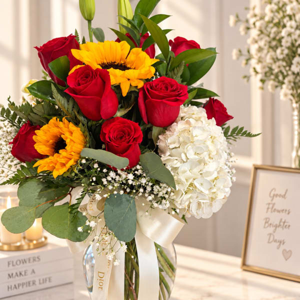 Bouquet of red roses, sunflowers, and white hydrangea in a glass vase.