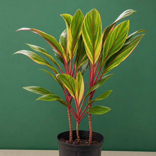 Potted tropical plant with variegated green, yellow, and pink leaves