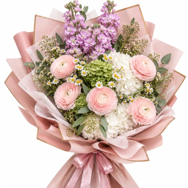 Pink and white mixed bouquet wrapped in blush paper with a satin ribbon
