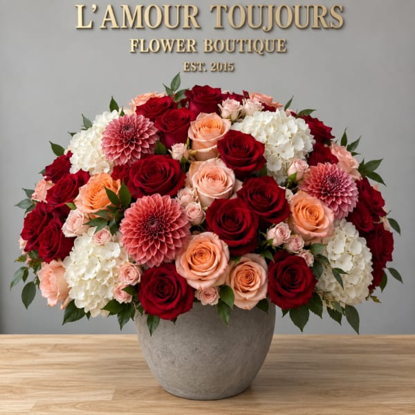 Large bouquet of red and peach roses with white blooms in a gray vase