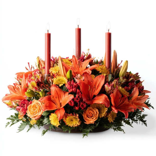 Low floral centerpiece with orange lilies, roses, and three red taper candles