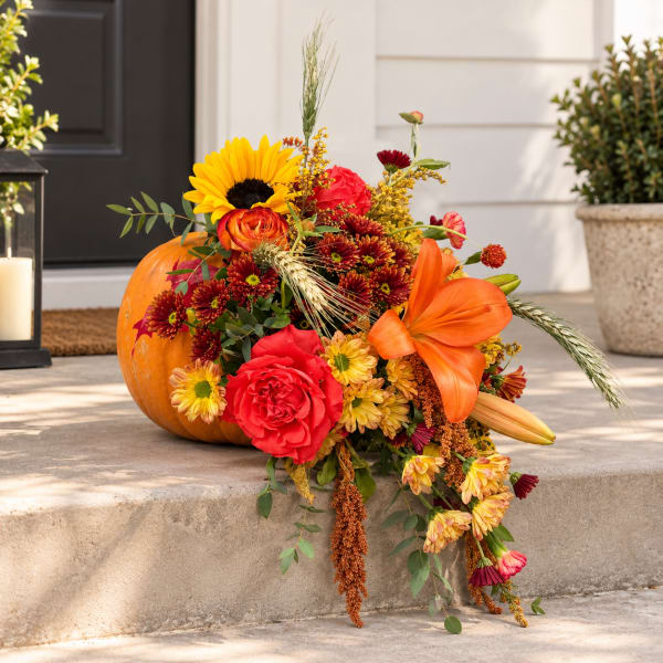 Autumn bouquet with sunflowers, roses, lilies, and chrysanthemums beside a pumpkin