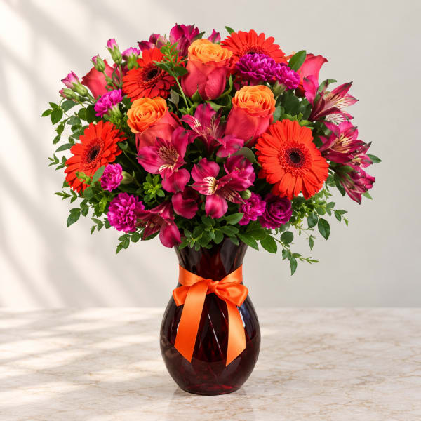 Mixed bouquet of orange, pink, and magenta flowers in a dark glass vase with ribbon