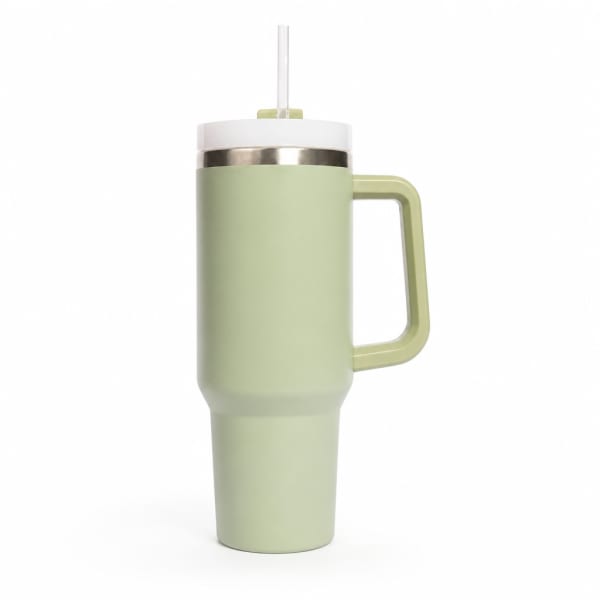 Pale green insulated tumbler with a handle and straw lid