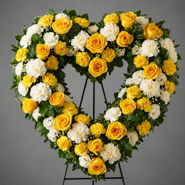 Heart-shaped floral wreath with yellow roses and white carnations on a stand