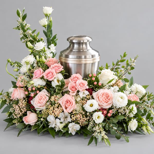 Pink and white floral arrangement around a silver urn