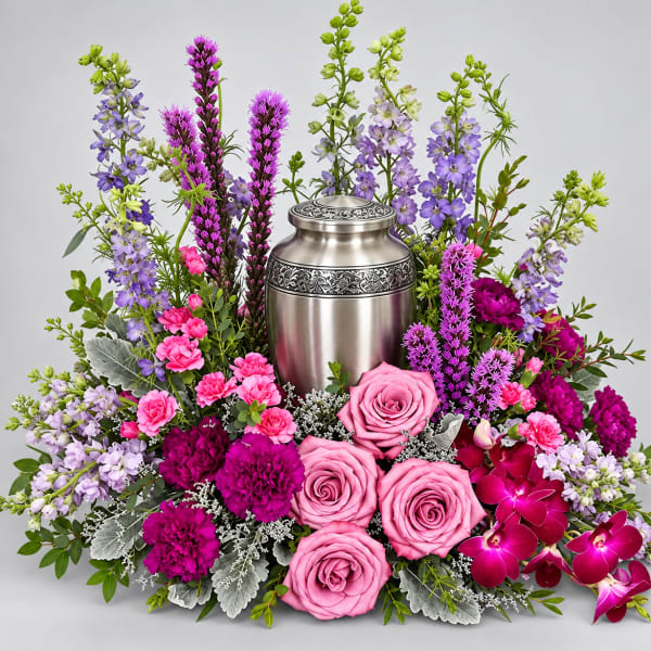 Pink roses and purple flowers arranged around a silver urn