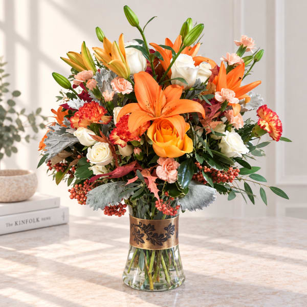 Orange lilies and roses in a clear glass vase with mixed blooms
