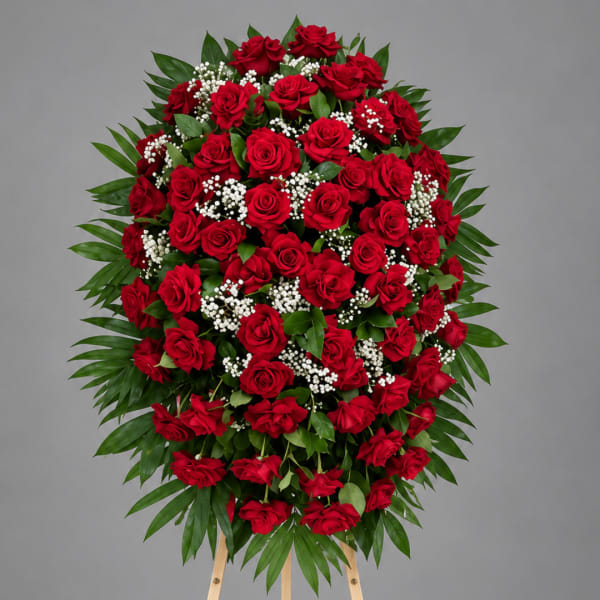Standing spray of red roses with white baby's breath on an easel