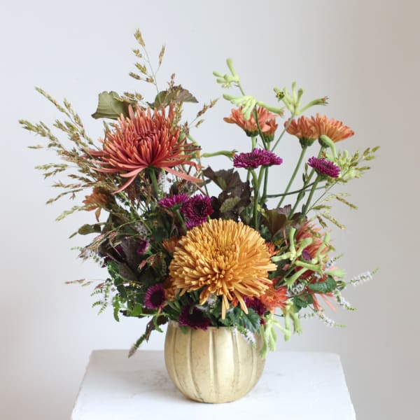 Mixed chrysanthemum arrangement in a cream pumpkin-shaped vase
