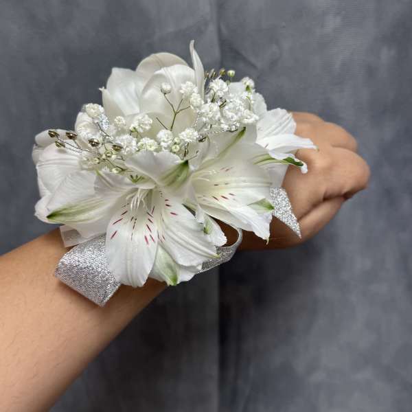 White tulips alstroemerias corsage