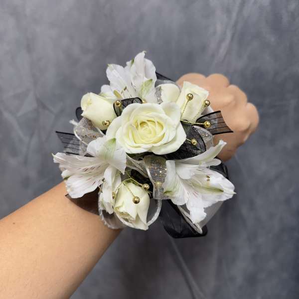 White spray roses alstroemeria black corsage